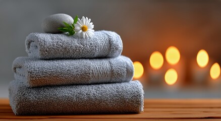 Relaxing Spa Setup With Stacked Towels and Candles for a Soothing Experience