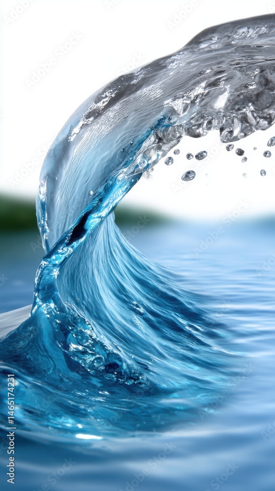 Poster dynamic water wave curling with splashing droplets against a soft blurred background symbolizing pur