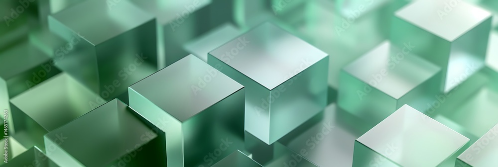 Poster abstract background of metallic green and turquoise cubes arranged geometrically, creating a modern,
