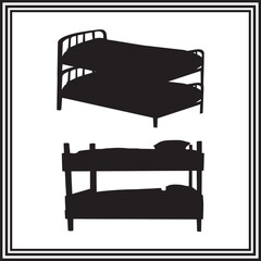 bunk bed icon set – black silhouette illustrations of double-decker beds with frames and mattresses – vector symbols for bedroom, kids furniture, hostel, dormitory interiors