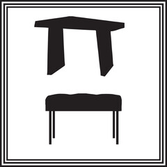 Furniture Silhouettes – Black Vector Icons of Table and Upholstered Bench or Stool – Minimalist Home Interior Design Elements, Modern Decor, Seating and Table Set