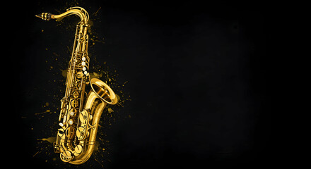 Obraz premium Elegant Gold Saxophone on Dark Background with Artistic Splashes