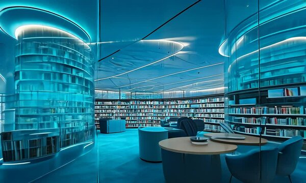 Modern library interior with curved glass walls.