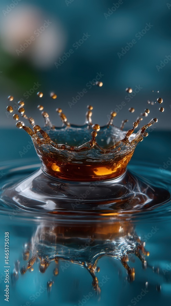 Poster liquid drop impact creating a crown shape with splashes and reflections macro shot