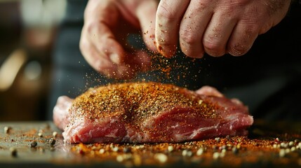 Spreading spice rub on a raw pork shoulder