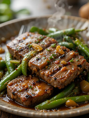 Grilled beef with stewed green beans and pepper. High quality photo