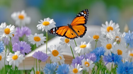 Beautiful Butterfly Rests on Vibrant Flowers in Sunny Garden Setting