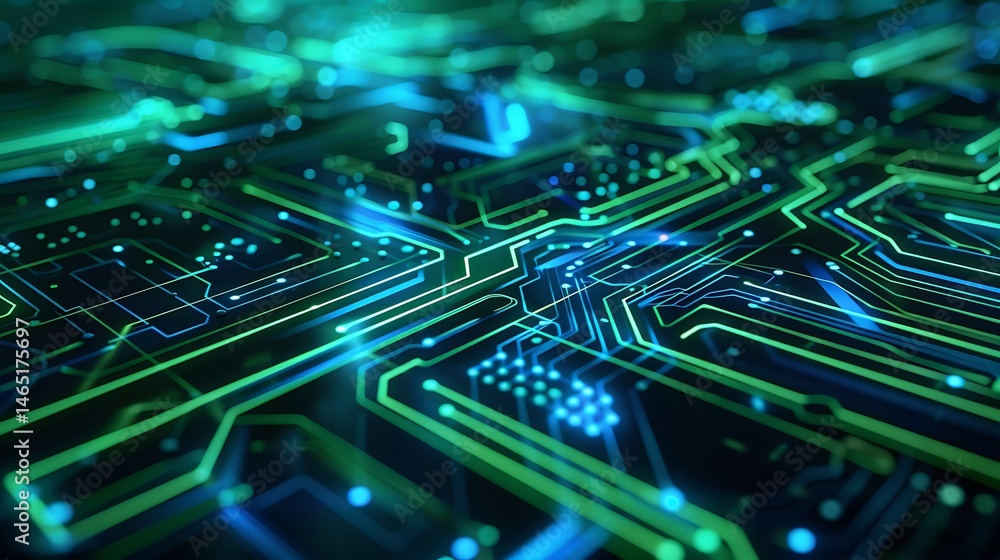 Poster close-up of a glowing green and blue circuit board with intricate pathways. represents technology, d