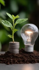 Plant Growing from Stack of Coins beside Lit Lightbulb in Soil, Representing Investment