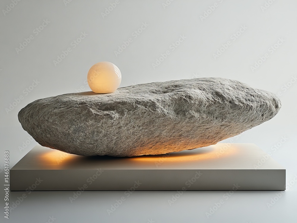 Poster harmony of stone and light: a meditative still life featuring a smooth sphere resting on a textured 