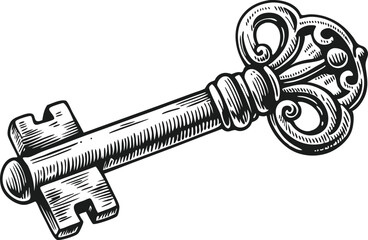 Engraved hand-drawn illustration of an old-fashioned key with ornate Victorian details and symmetrical etching for vintage design use

