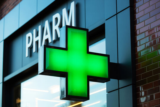 Illuminated green pharmacy sign outside a building.