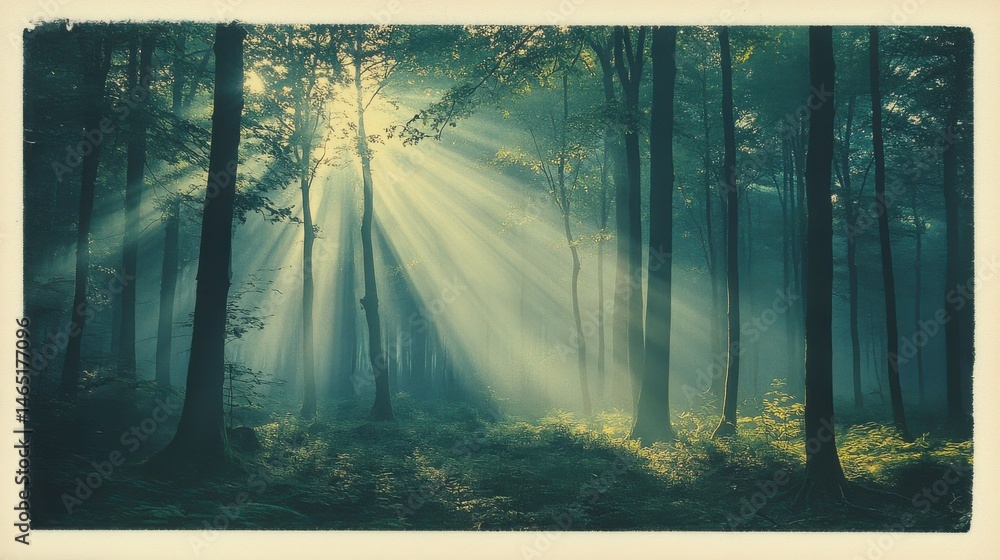 Poster polaroid of a misty forest with soft sunlight filtering through the trees, creating a calm and seren
