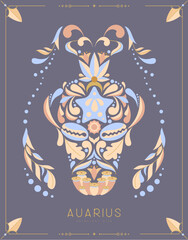 Modern magic witchcraft card with astrology Aquarius zodiac sign with floral ornament. Vector illustration