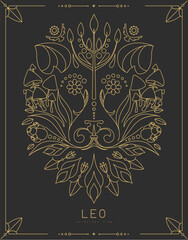 Modern magic witchcraft card with astrology Leo zodiac sign with floral ornament. Line art vector illustration.
