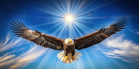 Naklejka premium Powerful wings spread wide as a majestic eagle soars through clear blue sky with sun shining brightly overhead
