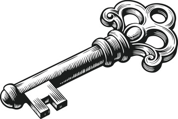 Fototapeta premium Engraved hand-drawn illustration of an old-fashioned key with ornate Victorian details and symmetrical etching for vintage design use