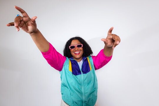 American woman with retro style and joy in vibrant colors