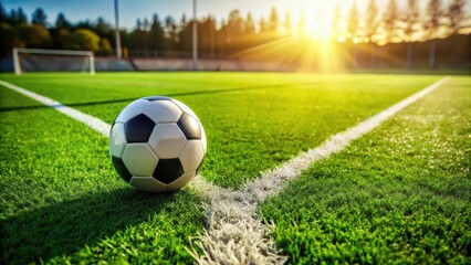 Fototapeta premium Close-up of a soccer pitch with lush green grass and subtle shadows on a stadium, capturing the texture and color of the grass, sports equipment, sports photography