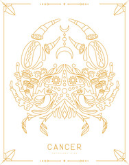 Modern magic witchcraft card with astrology Cancer zodiac sign with floral ornament. Line art vector illustration