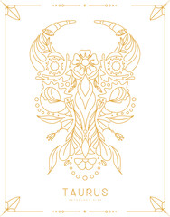 Modern magic witchcraft card with astrology Taurus zodiac sign with floral ornament. Line art vector illustration