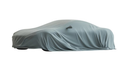 Luxury vehicle unveiling concept with draped fabric on a white background
