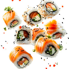 Sushi Rolls Flying Through the Air With Slices of Fish Isolated on Transparent Background