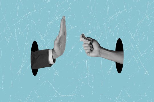 Contemporary art collage on the theme of refusing a bribe. Honest work	
