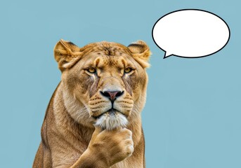 Pensive lioness with speech bubble, pondering thoughtful expression animal