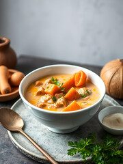 Japanese-style cream stew in white bowl carrot and b