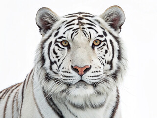 A majestic white tiger, with striking black stripes and intense amber eyes, stares directly at the camera against a plain white background.