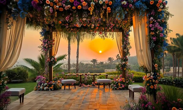Ornate floral wedding mandap at sunset.