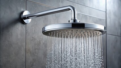 Sleek silver shower head installed on a wall-mounted sink, with soft water droplets falling on its surface, creating a mesmerizing visual effect , minimalist style, modern decor