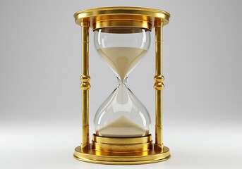 A golden hourglass with sand flowing through it on a white background in a studio setting image