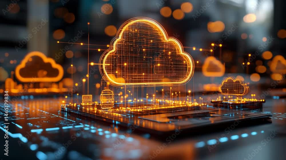 Poster digital cloud computing graphic on circuit board.
