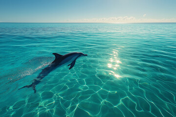 Obraz premium Dolphin gracefully swims through crystal clear ocean waters, creating gentle ripples in serene environment. sunlight sparkles on surface, enhancing tranquil beauty of scene
