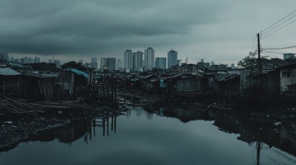 Naklejka premium Urban slums in Manila with floating trash and dirty water in flooded streets, surrounded by makeshift wooden and plastic shelters under a gray overcast sky, depicting poverty, pollution, urban crisis.