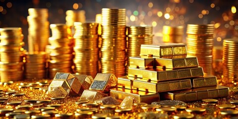 Glittering gold bars stacked neatly in a tower, surrounded by stacks of coins and precious jewels , wealth