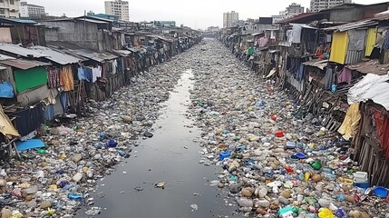 Urban slums in Manila with floating trash and dirty water in flooded streets, surrounded by makeshift wooden and plastic shelters under a gray overcast sky, depicting poverty, pollution, urban crisis.