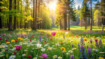 Soft focus spring flowers blooming in a lush green meadow amidst tall trees and vibrant wildflowers, nature