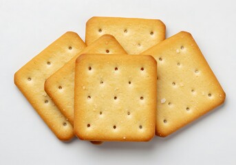 A close up of several square crackers stacked together on a white background in a studio shot