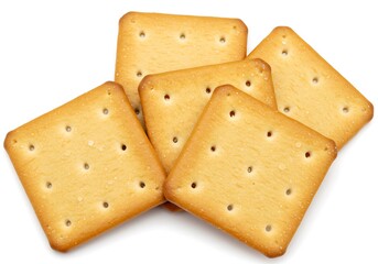A close up shot of a pile of square crackers with holes on a white background in a studio setting