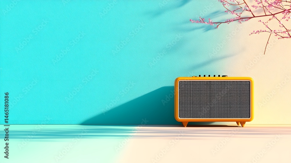 Poster portable speaker on pastel blocks with shadow and branch