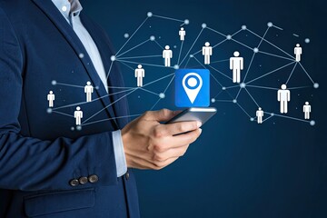 Businessman using smartphone with location pin icon connected to social network people