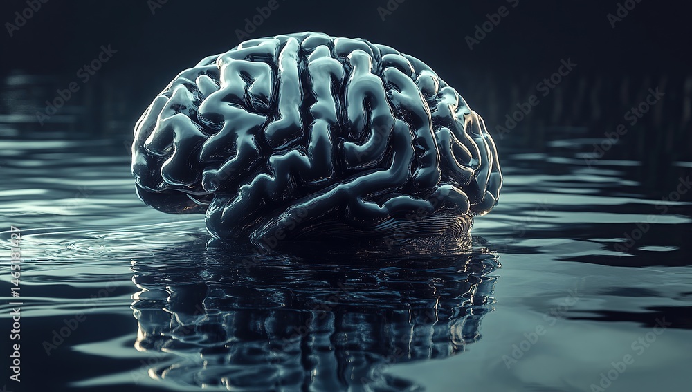 Poster 3d render of a brain with intricate details, centered on a reflective surface with soft lighting.