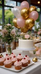 Celebration table with cake, cupcakes, flowers, and balloons in pink and gold for party decorations.