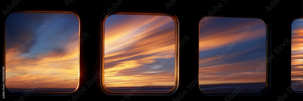 Aufkleber sunset colors beautifully reflected in the windows of a high-speed train traveling through the sceni