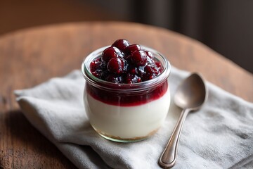 macro shot of vanilla bean panna cotta in a clear glass jar, visible vanilla flecks, topped with glossy berry compote and a few whole berries, rustic wood counter, warm natural .