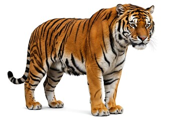 Obraz premium A full body shot of a bengal tiger standing on a white background with visible stripes and fur texture