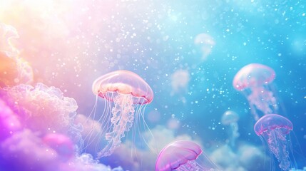 A glowing deep-sea landscape with jellyfish on a white background